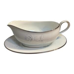Noritake VIRTUE 2934 White Blue Rose Gravy Boat & Underplate Relish Butter